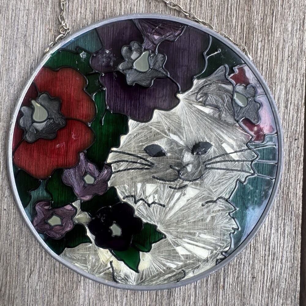 Joan Baker Designs Hand Painted Glass Cat Suncatcher Round Whimsy Decor